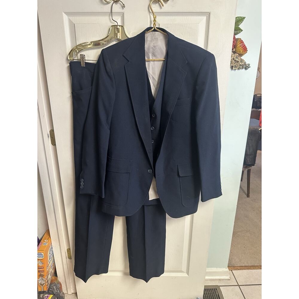 VTG 70s Navy Men’s 3pc Set Mad Men Disco Vest Suit Jacket 40r Pants 34x34 Poly
